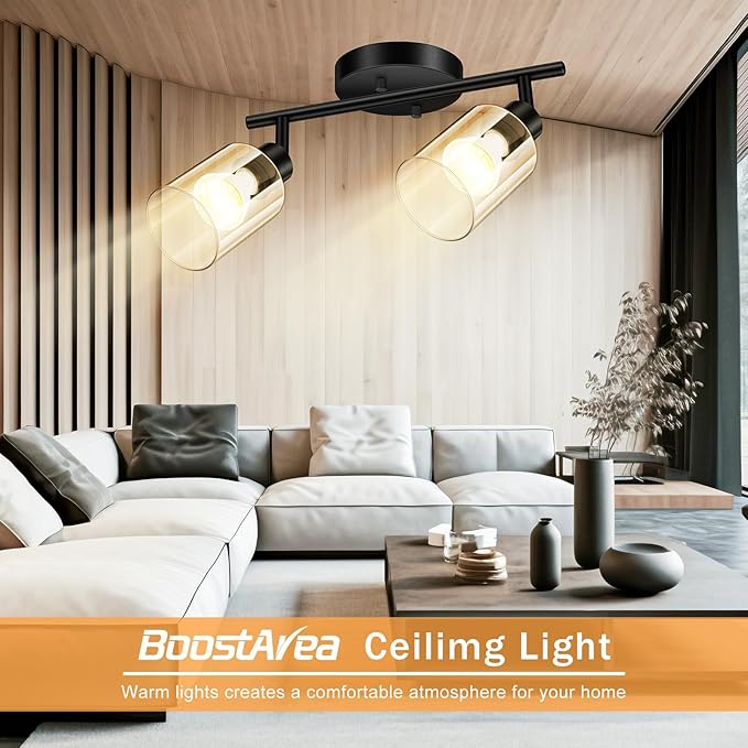 BoostArea Modern 2 Way Black Ceiling Spot Light With Glass Shade and Flexibly Rotatable Head - Perfect for Kitchen, Dining Room, Bedroom, Hallway