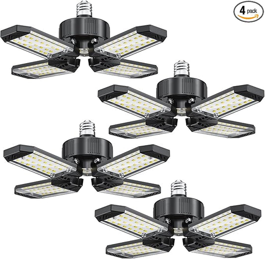 LED Garage Lights 4 Pack, 120W 12000LM Garage Lighting 6500K with 4+1 Deformable Panels, Screw Into E26 E27 Socket, Ceiling Lighting for Shop Workshop Basement Barn Attic Bay