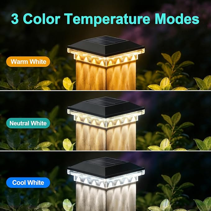 Brightever 4x4 Solar Post Cap Lights Outdoor with 3 Lighting Modes, 6-Pack Solar Powered Fence Post Lights Waterproof Fits Wooden/Vinyl Posts, Solar Deck Post Lights for Garden Patio Porch, Black