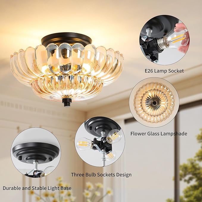 Semi Flush Mount Ceiling Light Fixture Vinatge Black Ceiling Lights Mid Century Modern Glass Close to Ceiling Lighting Fixtures for Bedroom Hallway Foyer Bathroom Kitchen Laundry Room Nursery