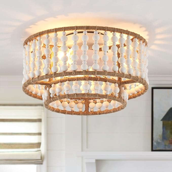 Boho Flush Mount Light Fixture Farmhouse, 3-Light Rustic Hallway Lights, Small White Bead Chandelier for Kitchen Entryway Laundry Nursery