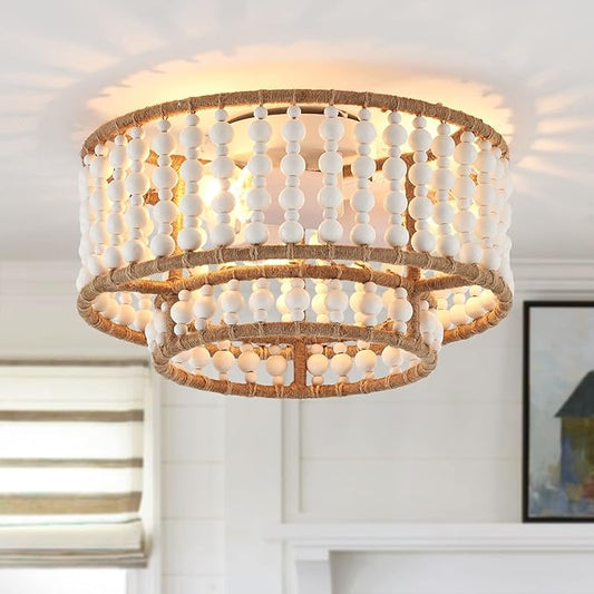 Boho Flush Mount Light Fixture Farmhouse, 3-Light Rustic Hallway Lights, Small White Bead Chandelier for Kitchen Entryway Laundry Nursery