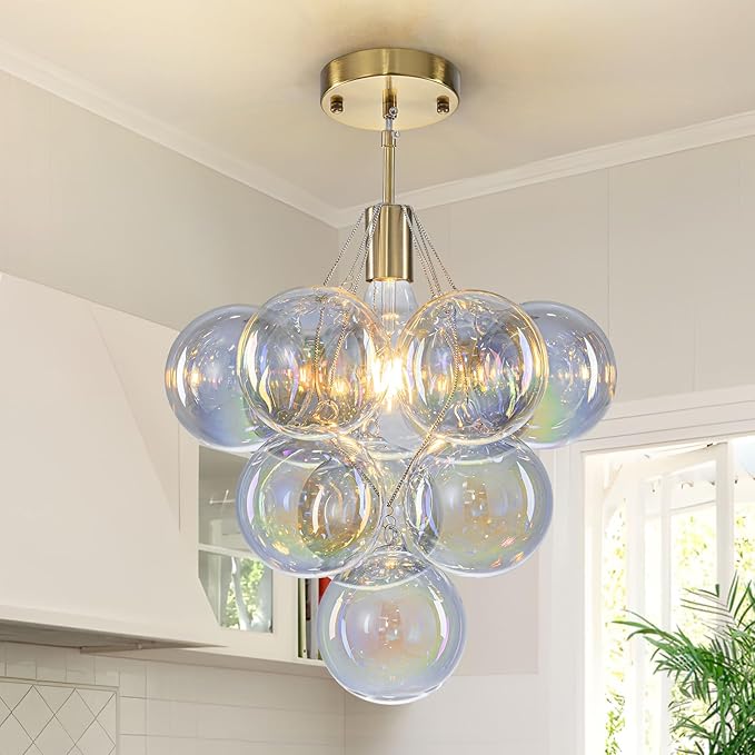 GoYeel Dining Room Light Fixtures Gold 14.17", Colorful Bubble Chandelier Modern Glass Ceiling Light for Hallway Entryway Foyer Bedroom Kitchen, with 10 Chromatic Globes, Include E26 Bulb