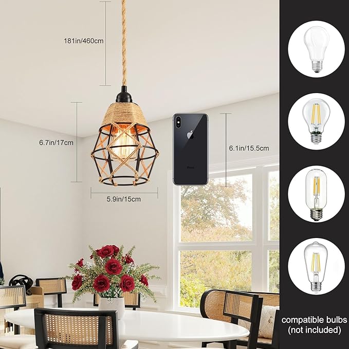 Industrial Hanging Light with Plug in Cord - Hemp Rope On/Off Switch Farmhouse Pendant Light for Dining Room