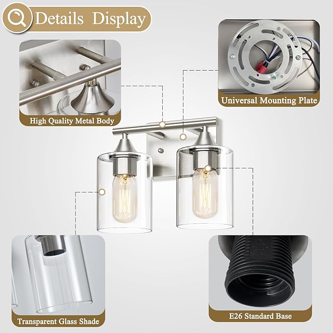 Bathroom Vanity Light Fixture, 2-Light Brushed Nickel Over Mirror, Modern for Bedroom Vanity Table Hallway