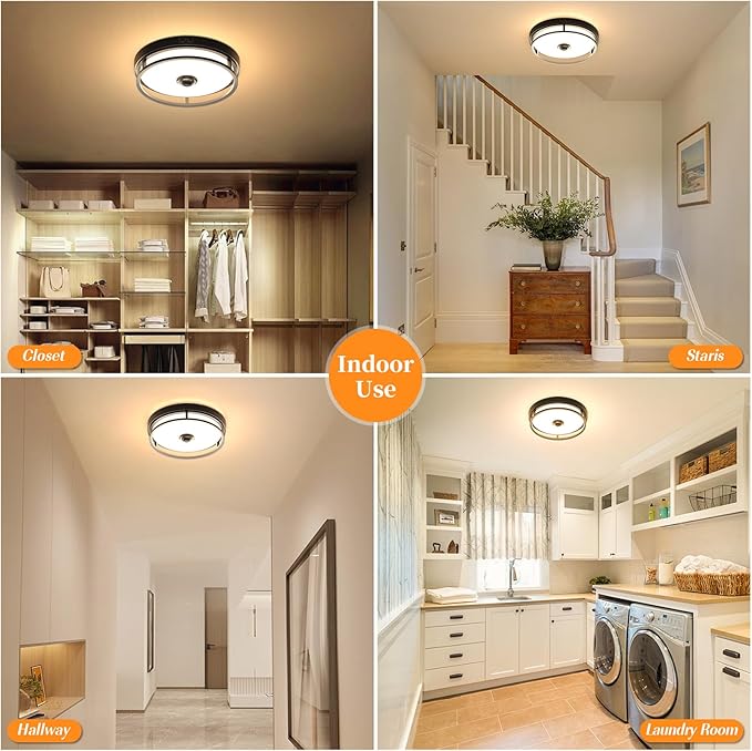 Motion Sensor Outdoor Ceiling Light, 12" Flush Mount LED Dusk to Dawn Porch Lights, Black Ceiling Lamp for Entryway, Garage, Hallway, 2 Pack