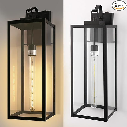 DORESshop 22 Inch Large Size Dusk to Dawn Outdoor Wall Lights, Matte Black Waterproof Anti-Rust Outdoor Light Fixtures Wall Mount with Clear Glass Shade for Porch, with T30 Light Bulbs, 2 Pack