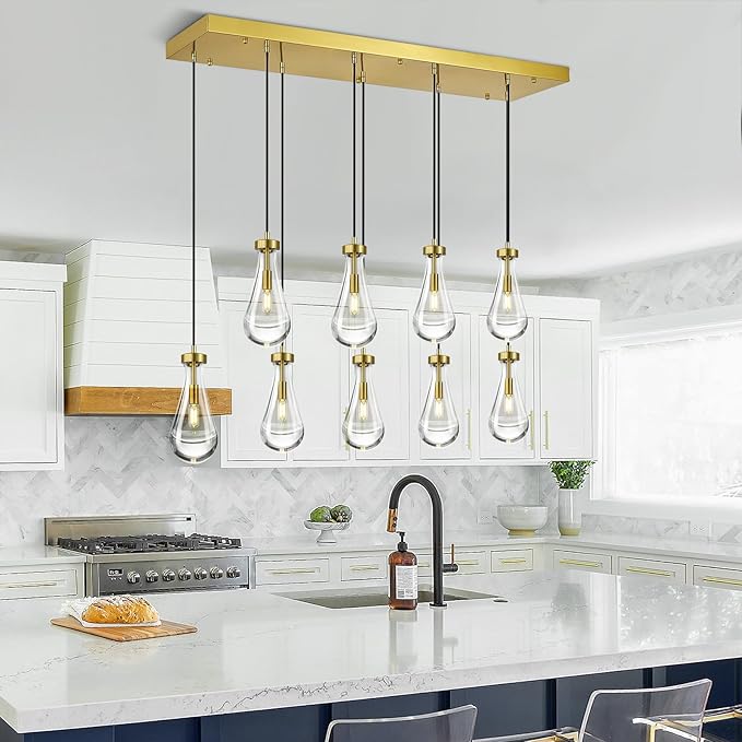Modern Raindrop Pendant Lights Kitchen Island Teardrop Gold Hanging Light Fixture Clear Solid Glass Chandeliers Crystal Pendant Light for Porch Living Room Dining Room(Long Plate-9 Lights)