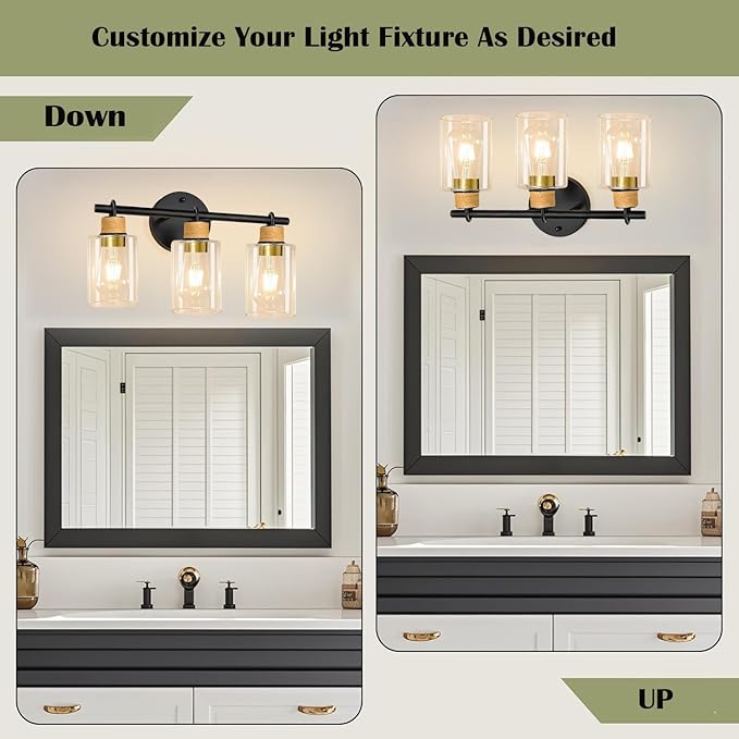 Bathroom Light Fixtures,3-Light Matte Black Vanity Light with Clear Glass Shade,Farmhouse Bathroom Lighting Fixtures Over Mirror,Wall Sconces for Bedroom Kitchen Cabinet Living Room Hallway