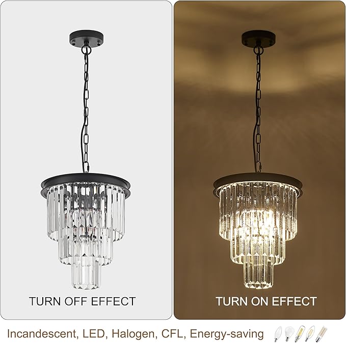 4-Light Crystal Pendant Light,11.8" 3-Tier Luxury Black Crystal Pendant Light Perfect for Dining Room, Bedroom, Kitchen, Living Room