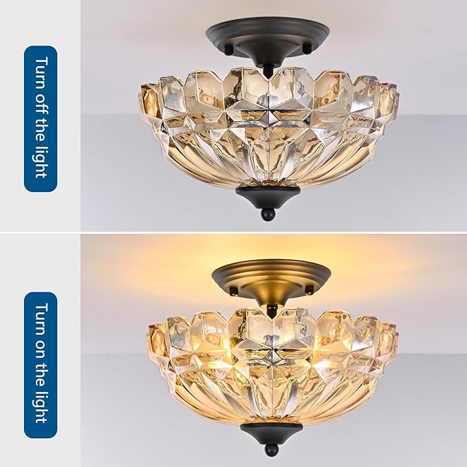 Semi Flush Mount Ceiling Light, 3-Light Kitchen Ceiling Lighting Fixtures with Amber Glass Lampshade, Gold Modern Chandelier for Living Room Bedroom Hallway