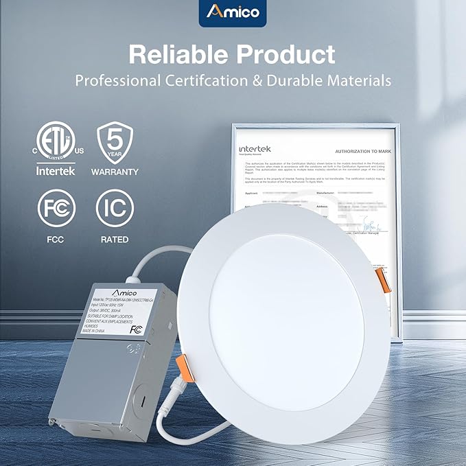 Amico 12 Pack 6 Inch 5CCT Ultra-Thin LED Recessed Ceiling Light with J-Box, 2700K/3000K/3500K/4000K/5000K Selectable, 12W=110W, Dimmable Canless Downlight, 1050LM High Brightness, ETL&FCC