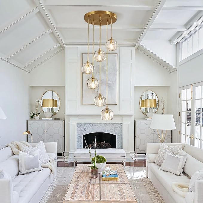 Modern 6 Lights Cluster Pendant Lighting Multi Light Gold Crystal Chandelier Pendant Light Mid Century Anti Brass Clear Glass Round Ceiling Hanging Light Fixture
