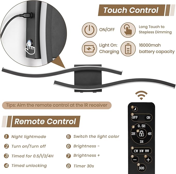 Battery Operated Wall Sconces, Rechargeable Wall Sconces, 3000K-6500K LED Wireless Wall Light, Modern Wall Lamp not Hardwired for Living Room Bedroom Hallway, 31.5in-Black