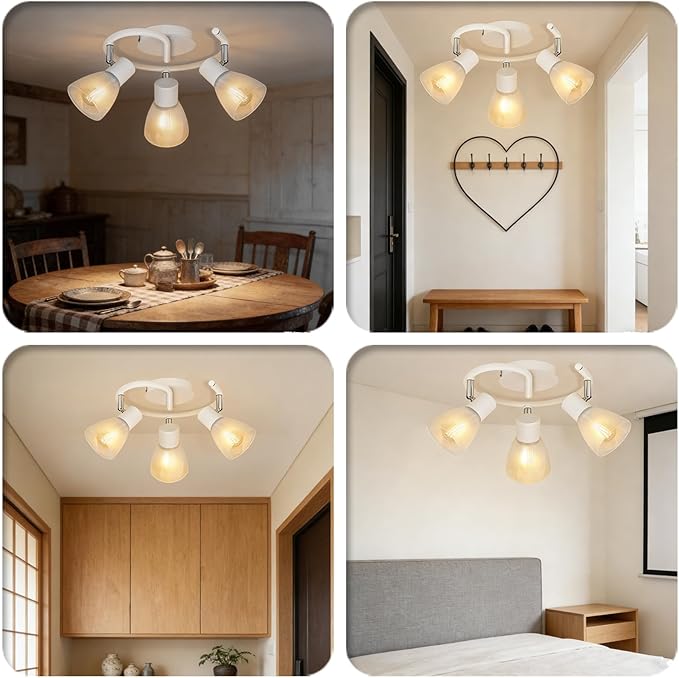HiBay 3-Light Track Lighting, Modern Glass Ceiling Light Fixture White, Directional Flush Mount Spotlight Round for Kitchen, Bedroom, Living Room, E12 Base, No Bulbs