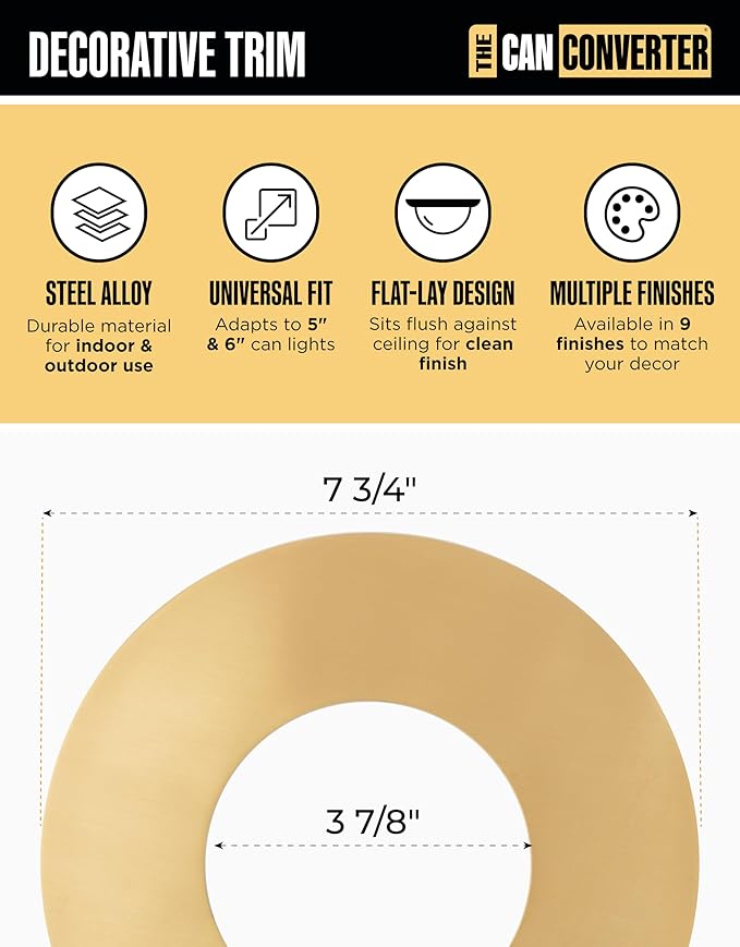The Can Converter Ceiling Medallion for Recessed Can Light – Home Improvement Decorative Steel Flat Goof Ring & Cover Plate for 5" & 6" Cans, Small Ceiling Medallion for Chandeliers, Brushed Brass