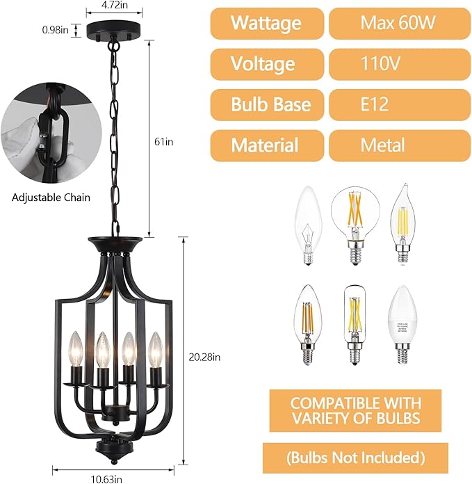 10.63" Black Chandelier 4-Lights Modern Farmhouse Lantern Chandeliers for Dining Room Rustic Metal Cage Industrial Vintage Adjustable Pendant Light Fixture for Foyer Kitchen Entryway Hallway E12