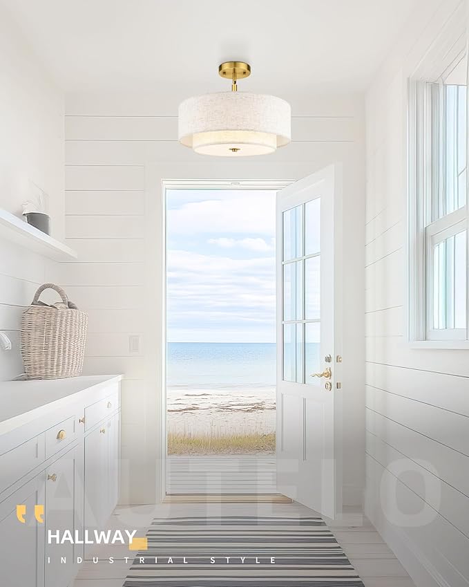 AUTELO Gold Semi Flush Mount Ceiling Light, 3-Light 16" Ceiling Light in Brushed Gold Finish with Drum Fabric Shade for Hallway Bedroom Kitchen, C2506 BG-16