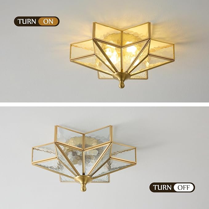 Star Brass Glass Ceiling Light - Small 12 in Gold Hammered Flush Mount Fixture - Unique Art Deco Vintage Modern Lighting Lights for Bedroom Dining Foyer Entryway Hall Hallway Outdoor Porch