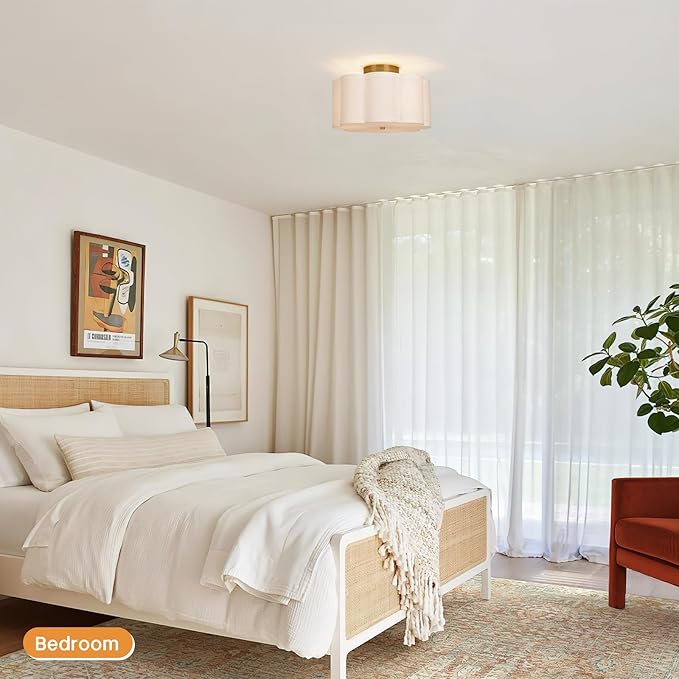 Modern Flush Mount Ceiling Light,3-Light Nursery Light Fixture with Petal-Type White Fabric Shade,12.6 Farmhouse Drum Ceiling Light Fixture for Bedroom Living Room Kitchen Hallway