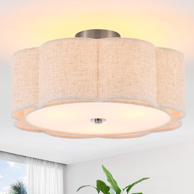 Semi Flush Mount Ceiling Light, Beige Linen Fabric Shade Ceiling Light, Chrome Modern Farmhouse Close to Ceiling Light for Bedroom, Hallway, Living Room, Dining Room, Laundry Room