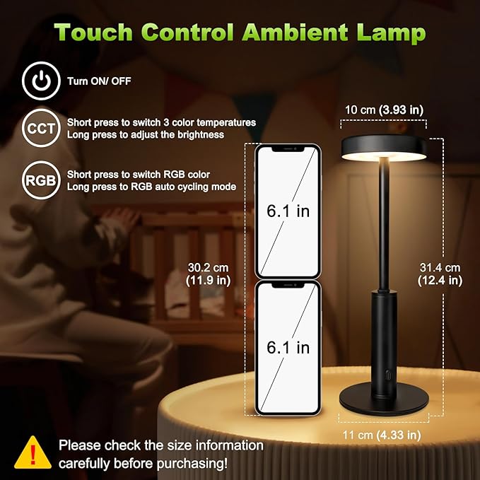 Wowag Small Cordless Table Lamps Rechargeable,5000mAh Battery Operated Portable Desk Lamp,3 Colors & RGB Stepless Dimmable Wireless Touch Lamps for Restaurant Home Dinner Dining Patio(Black)