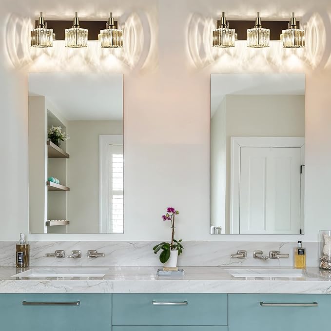 Modern Crystal Bathroom Vanity Light 3-Light Wall Light Fixtures Over Mirror Chrome Vanity Lighting for Bathroom Square Shade Wall Sconce