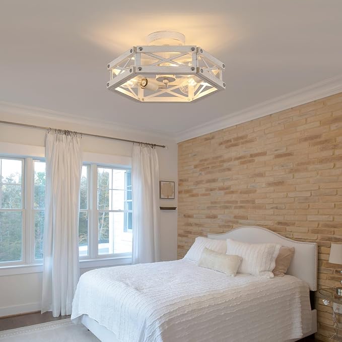 2 Pack 3-Light Modern Farmhouse Wood Flush Mount Ceiling Light Fixture Rustic Distressed Wood and Metal Cage Semi Flush Mount Ceiling Light for Hallway Entry Bedroom Farmhouse, Antique White