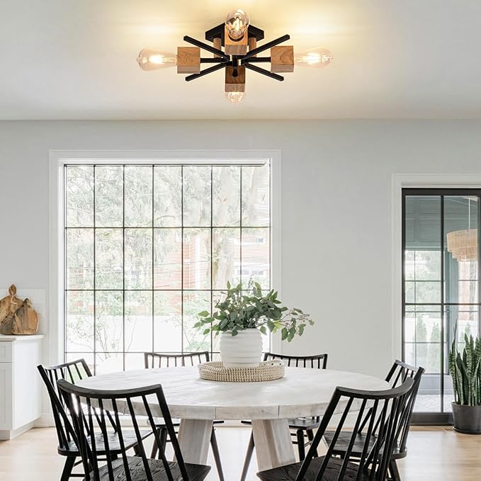 4 Light Sputnik Light Fixture Black Flush Mount Lights Industrial Ceiling Light Wood 22" Modern Farmhouse Ceiling Lights for Kitchen Bedroom Bathroom Foyer Hallway(E26,2Pack)