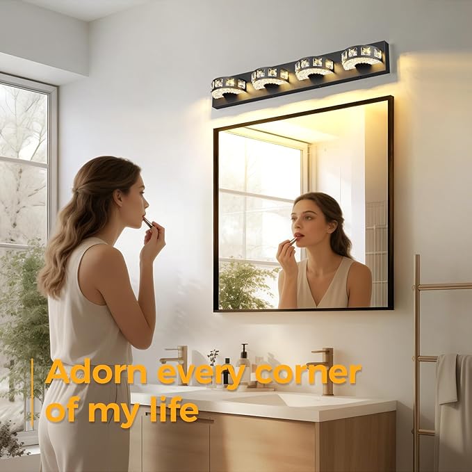 Modern Bathroom Vanity Lights 29.1 inch 32W 5 Color Temperature Black Vanity Light (4-Light,Dimmable) Crystal Bathroom Light Fixtures for Mirror, Living Room, Kitchen, Hallway, Cabinet