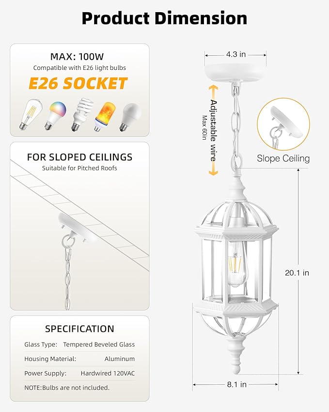 VIANIS Outdoor Hanging Lights, White Outdoor Pendant Lights with Tempered Beveled Glass, 20 Inch 1-Light Adjustable Outdoor Chandelier for Entryway, Gazebo, Waterproof and Anti-Rust, 100% Aluminum