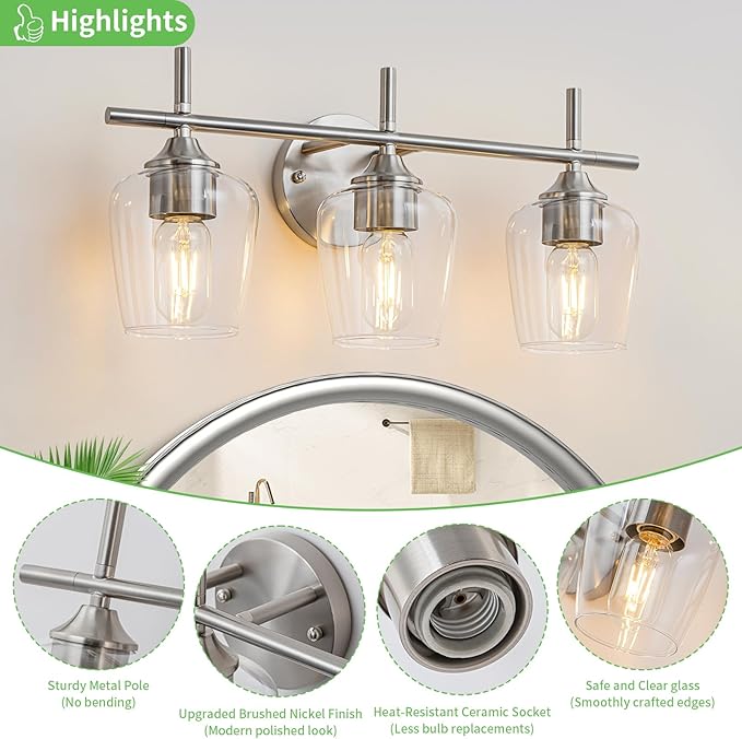Bathroom Vanity Light Fixtures, 3-Lights Over Mirror Modern Vanity Lighting with Clear Wine Glass Shade Wall Lamp for Bedroom Hallway Living Room (Nickel, 3-Light)