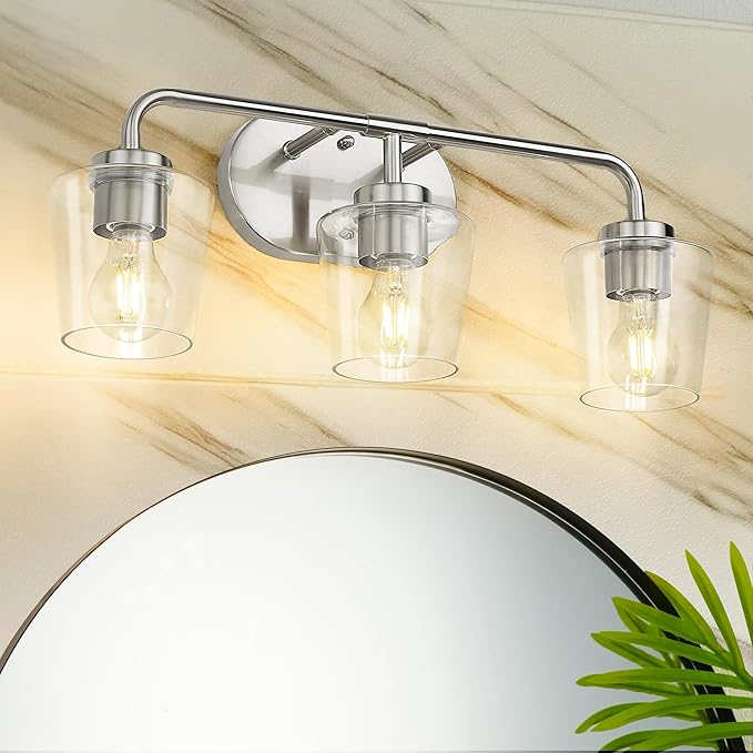 Bathroom Light Fixtures, 3-Light Brushed Nickel Vanity Lights Over Mirror with Clear Glass, Modern Vanity Lighting Fixtures, AD-22004-3W-SN-C