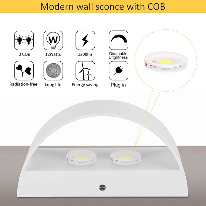 Lightess 12W Plug in Wall Sconces Modern LED Wall Light Dimmable Indoor Up Down Wall Lamp for Bedroom Living Room Hallway Staircase, Warm White, Aluminum