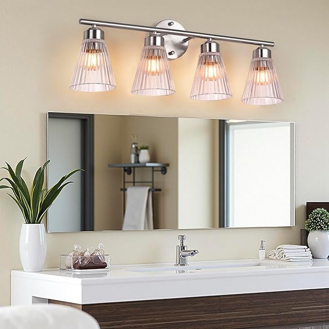 4-Light Bathroom Vanity Light, Brushed Nickel Bathroom Light Fixtures Over Mirror with Stripe Glass, Modern Wall Lamp, Wall Sconces Lighting for Living Room Bedroom Kitchen Hallway