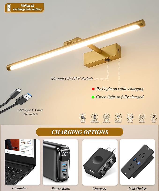 Picture Lights for Wall Battery Operated,24 Inch Wireless Rechargeable Art Lights for Pictures,3CCT Dimmable Retractable Painting Light with Remote & Timer,Glare-Free for Gallery Light,Gold