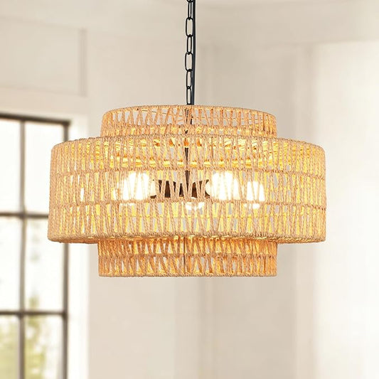 24" Large Rattan Chandelier, 6-Light Boho Dining Room Light Fixture Over Table, Natural Handwoven Wicker Pendant Lamp for Living Room, Coastal Farmhouse Hanging Ceiling Light