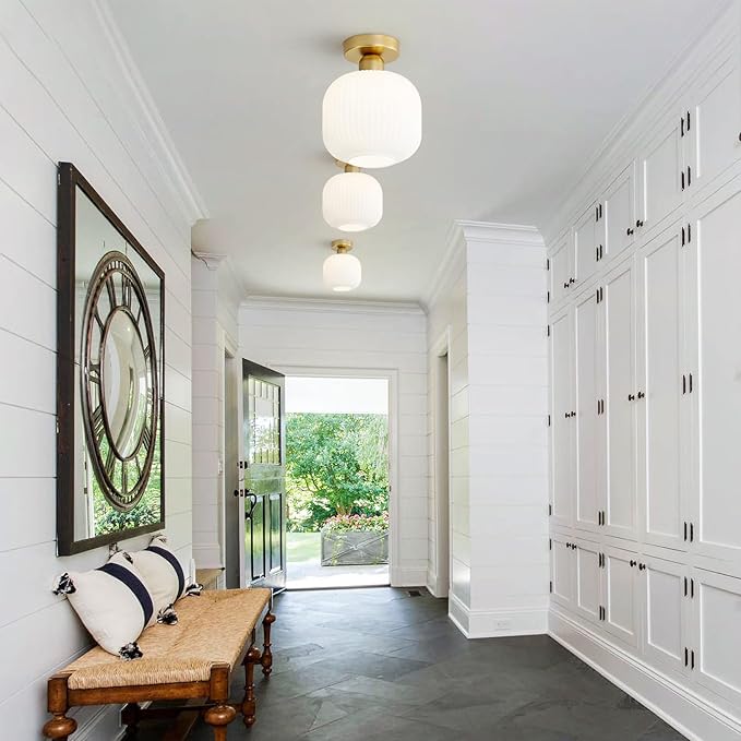 KCO Lighting Mid Century Modern Antique Brass Flush Mount Ceiling Light Brushed Gold Milk Glass Semi Flush Mount Ceiling Light Farmhouse Hallway Globe Ceiling Light Fixture