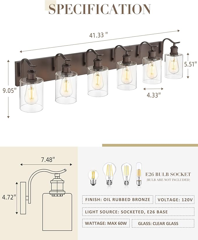 Bathroom Vanity Light Fixtures 6-Light Clear Glass Modern Wall Mounted Over Mirror Oil Rubbed Bronze - VL01ORB-6