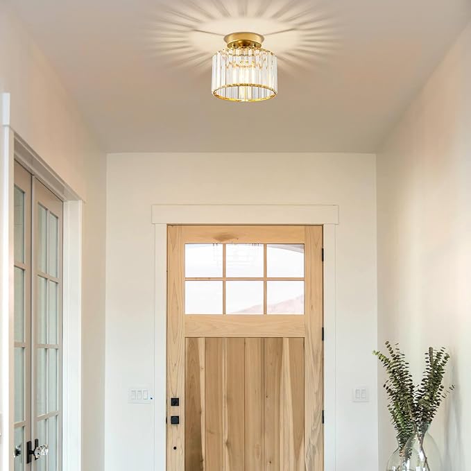 Crystal Gold Semi Flush Mount Ceiling Light, Modern Hallway Light Fixture, Metal Close to Lamp for Bathroom Entryway Bedroom Kitchen(8.66 inch)
