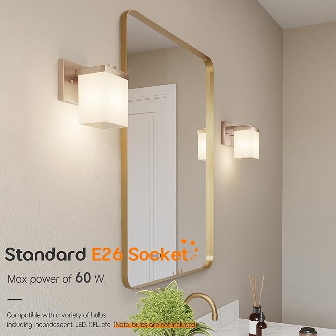 Wall Sconce Over Mirror Champagne Bronze Bathroom Vanity Lighting Fixtures with White Frosted Glass, Wall Lamp for Powder Room Entrance, T003CPG-L1