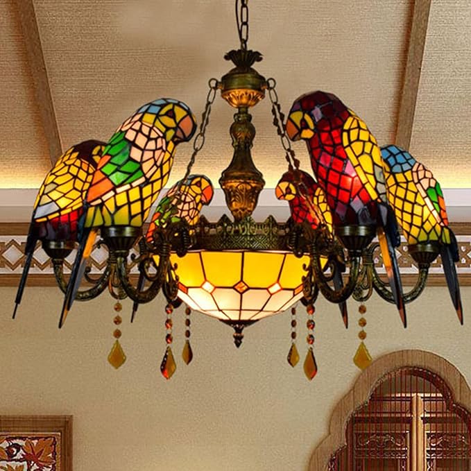 Tiffany-Style Victorian 6-Light Parrot Chandelier, European Red Dragonfly Stained Glass Multi-Head Pendant Lamp Fixture Ceiling Hang Light for Living Room Villa Dining Room,Parrot