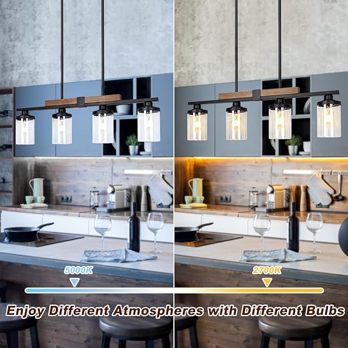Dining Room Light Fixture Over Table, Farmhouse 4-Light Kitchen Island Lighting, Modern Wood Chandelier with Adjustable Height, Large Industrial Black Pendant Lights Ceiling Hanging for Living Room