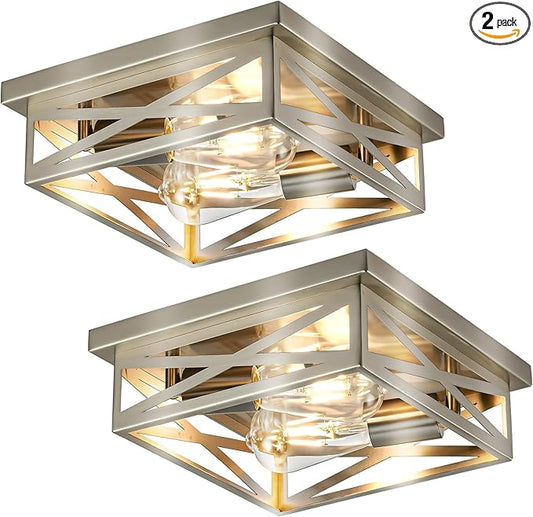 Brushed Nickle Flush Mount Ceiling Light, 2-Pack Close to Ceiling Light Fixtures, 11 Inch Square Cross Cage Indoor Kitchen Ceiling Lights for House Hallway Bedroom Living Room