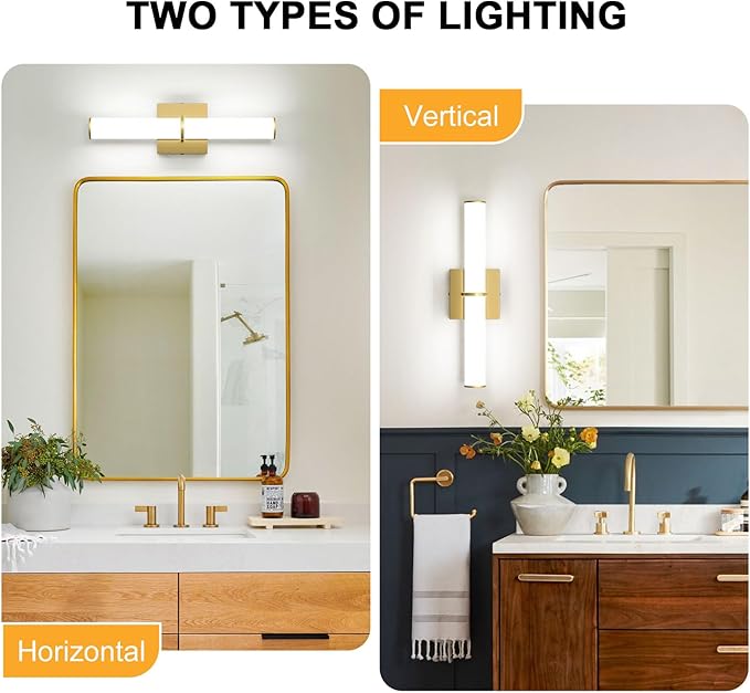 OOWOLF 17.3Inch Modern Vanity Light Fixture with Switch, 12W 5000K Led Bathroom Light Fixture Over Mirror, Hardwired, 1200LM Gold Vanity Light Bar for Mirror Bedroom Hallway Living Room