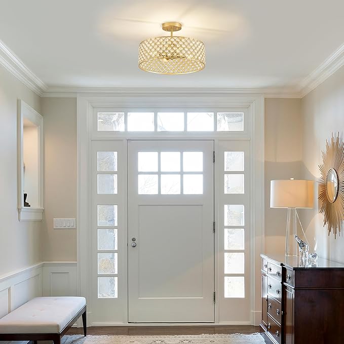 Gold Crystal Ceiling Light Fixture,Modern Semi Flush Mount Ceiling Lighting Fixture,Round Small Chandelier for Dining Room, Hallway, Entryway, Kitchen, Bedroom,Foyer,4 Light,15.7 inch