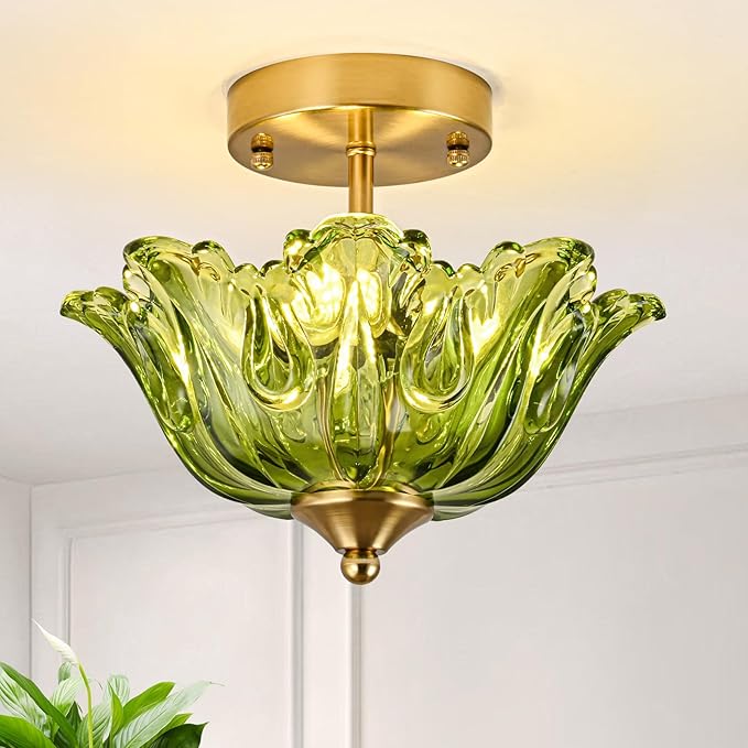 Semi Flush Mount Ceiling Light, Gold Vintage Light fixtures with Floral Green Glass Shade, Modern Close-to-Ceiling Lighting for Bedroom Kitchen Living Room Hallway