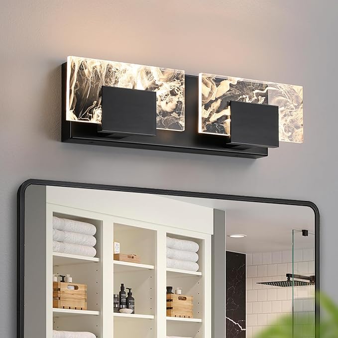 LED Bathroom Vanity Light: 16in Matte Black Acrylic Modern Lighting Fixtures - 2-Light Contemporary Smoke Design Wall Lights Fixture Over Mirror 3000K