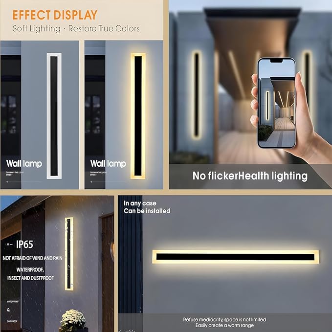 59inch-2Pack Long Outdoor Modern LED Wall Light,45W Waterproof IP65 Warm White 110V led Wall Mount Lighting Fixture Rectangular Black Wall Lights Elegant Frosted White Acrylic Anti Rust