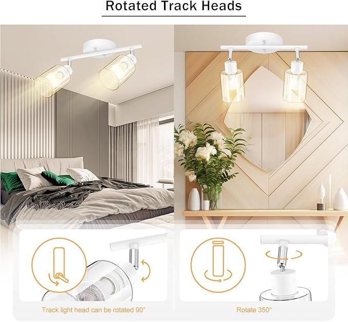 BoostArea 2-Light Bathroom Light Fixtures, White Modern Vanity Wall Lights with Clear Glass Shade, Flexibly Ceiling Light for Mirror Kitchen Living Room Hallway Cabinet Porch